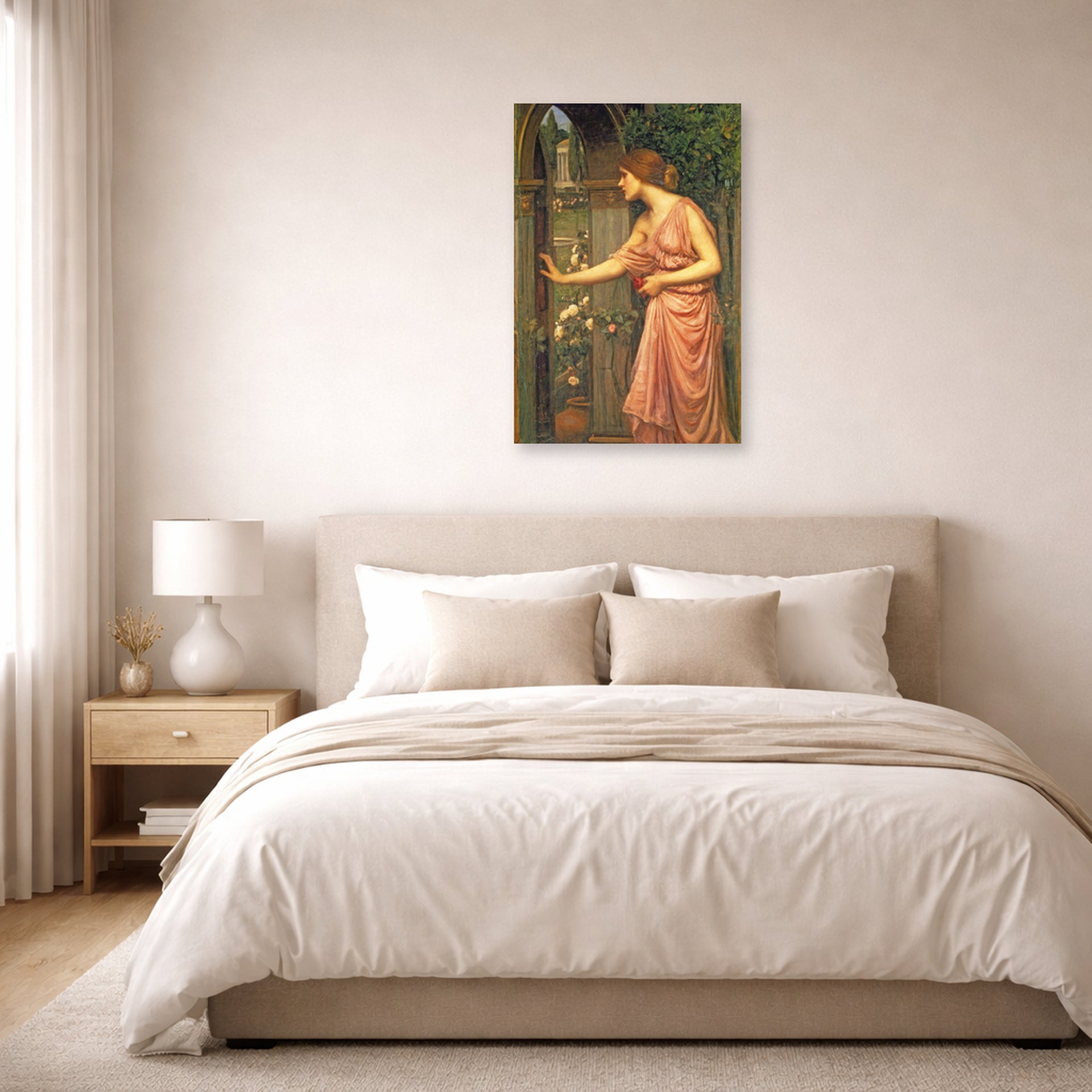 Unframed poster print of John William Waterhouse's Psyche Entering Cupids Garden displayed on a wall in a bedroom
