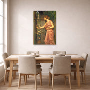Unframed poster print of John William Waterhouse's Psyche Entering Cupids Garden displayed on a wall in a dining room
