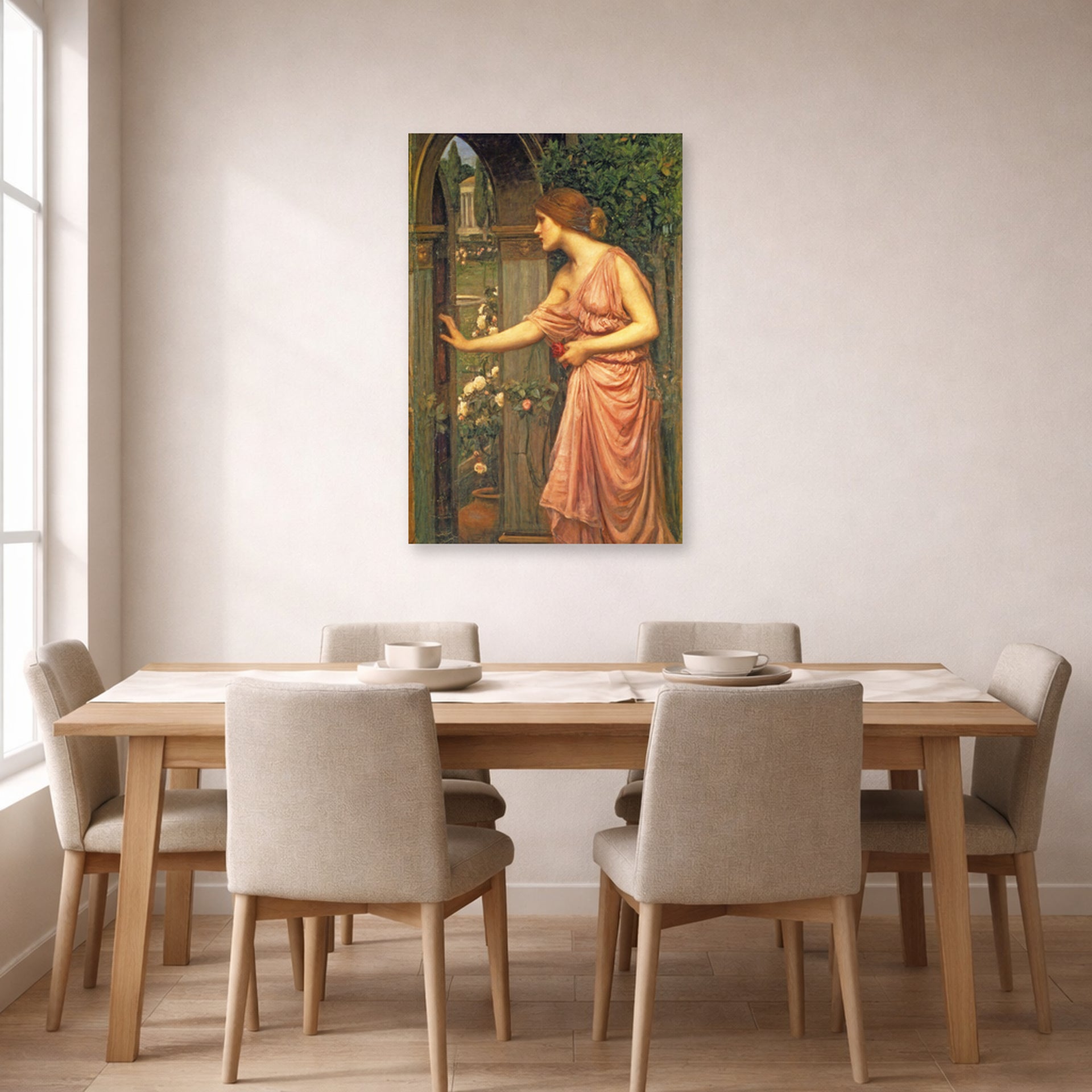 Unframed poster print of John William Waterhouse's Psyche Entering Cupids Garden displayed on a wall in a dining room