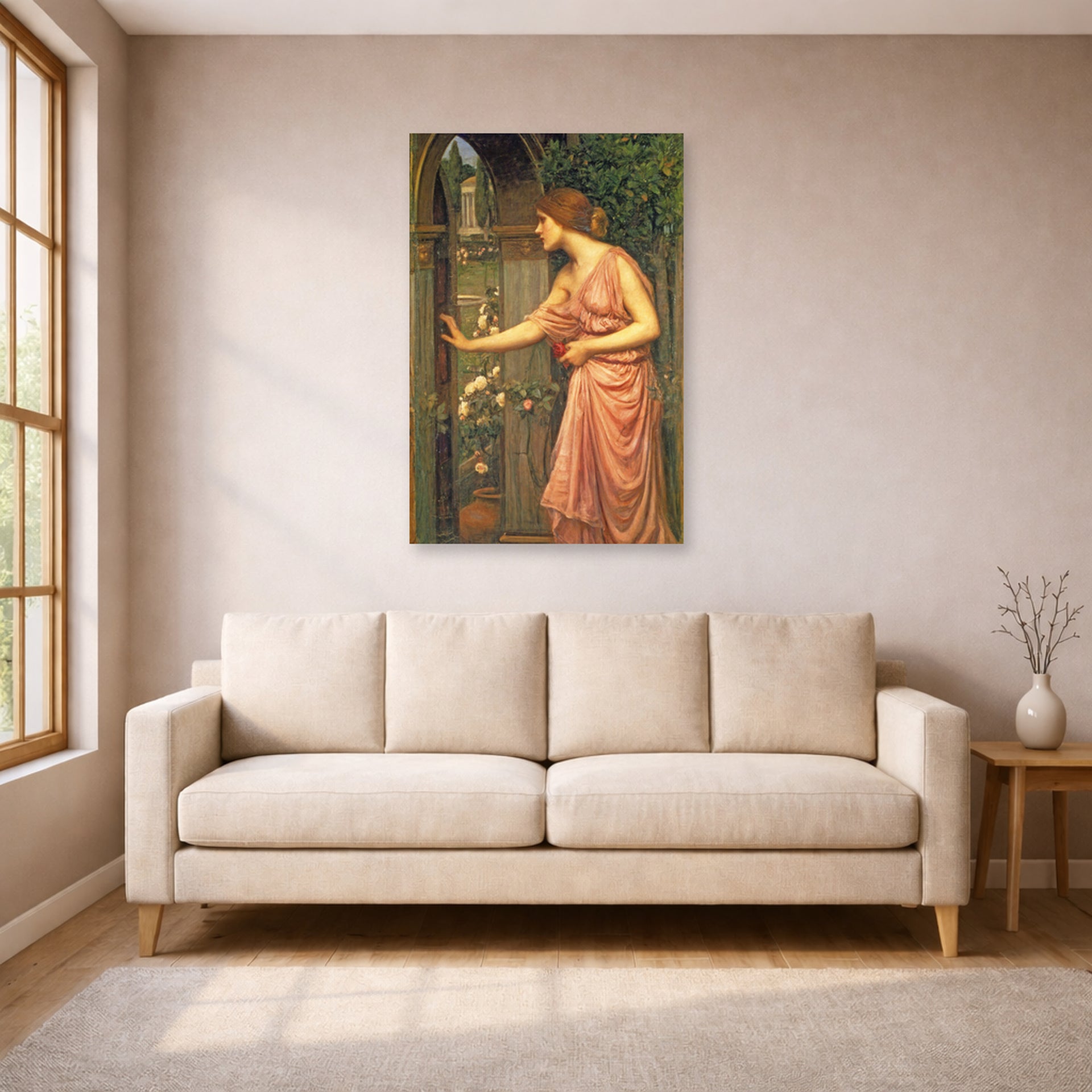 Unframed poster print of John William Waterhouse's Psyche Entering Cupids Garden displayed on a wall in a living room