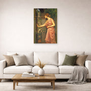 Unframed poster print of John William Waterhouse's Psyche Entering Cupids Garden displayed on a wall in a living room