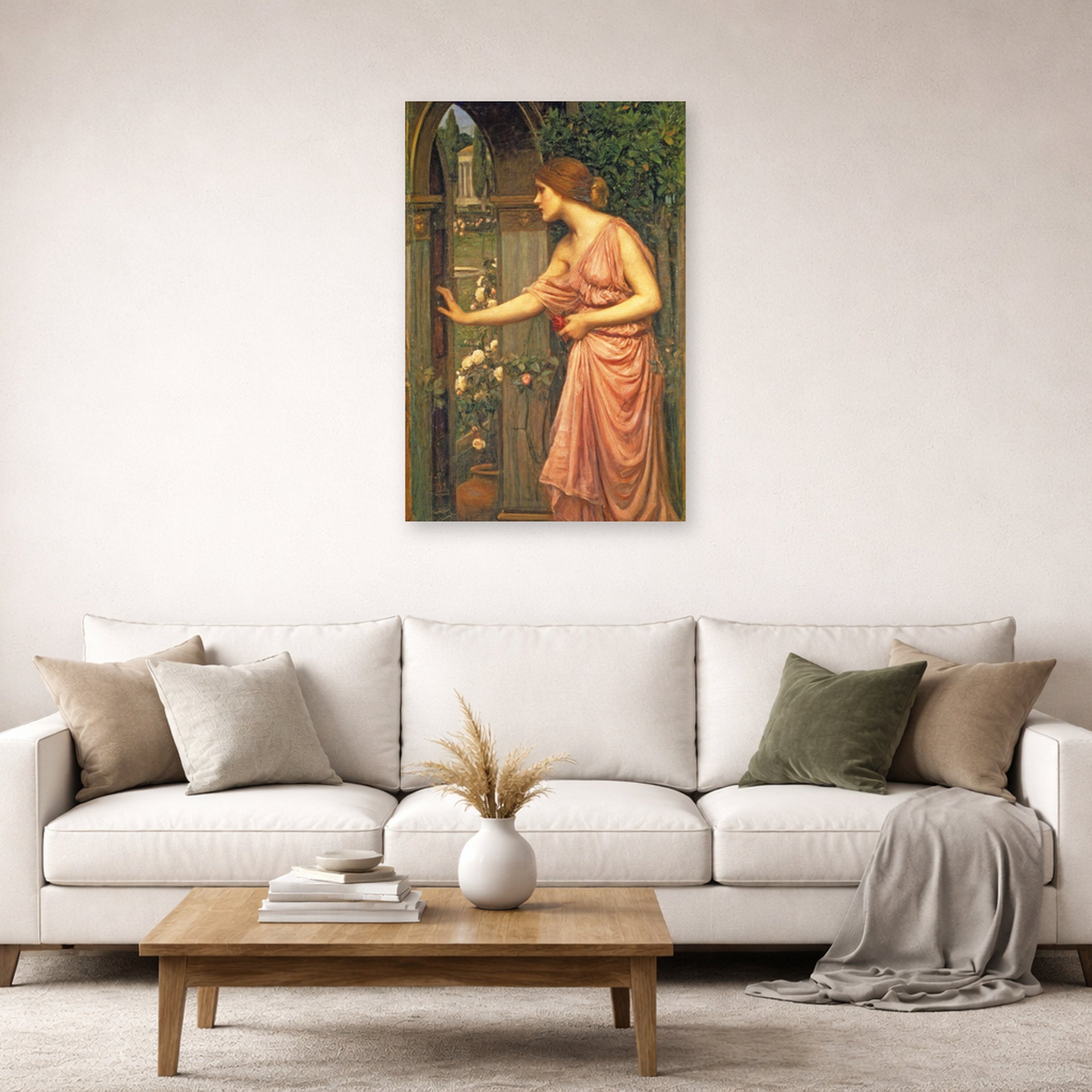 Unframed poster print of John William Waterhouse's Psyche Entering Cupids Garden displayed on a wall in a living room