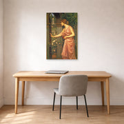 Unframed poster print of John William Waterhouse's Psyche Entering Cupids Garden displayed on a wall in a office
