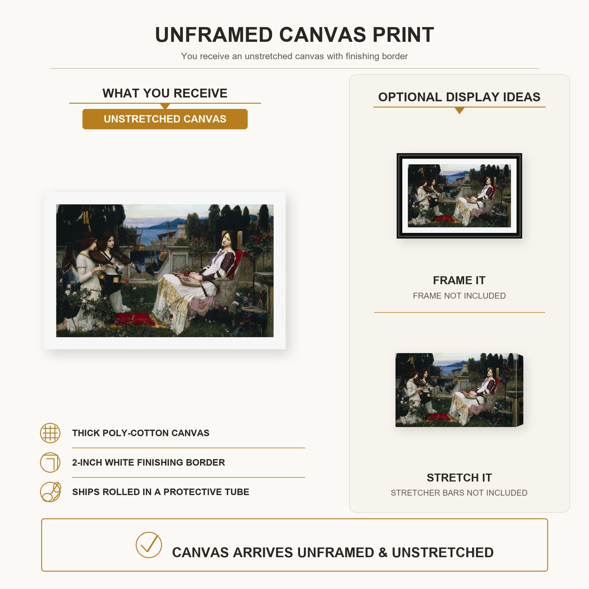 John William Waterhouse - Saint Cecilia canvas print size comparison and framing display infographic