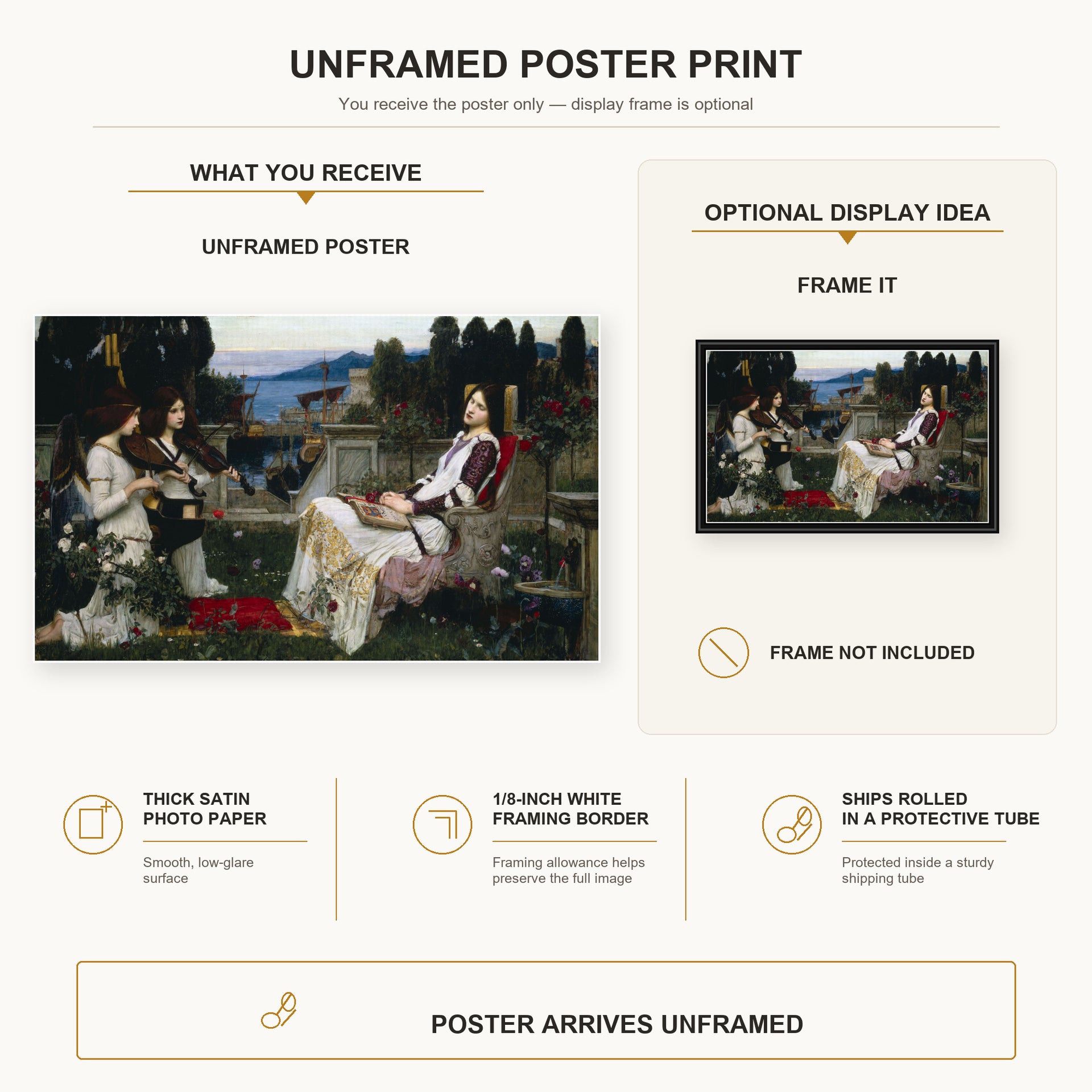 John William Waterhouse - Saint Cecilia poster print size comparison and framing display infographic
