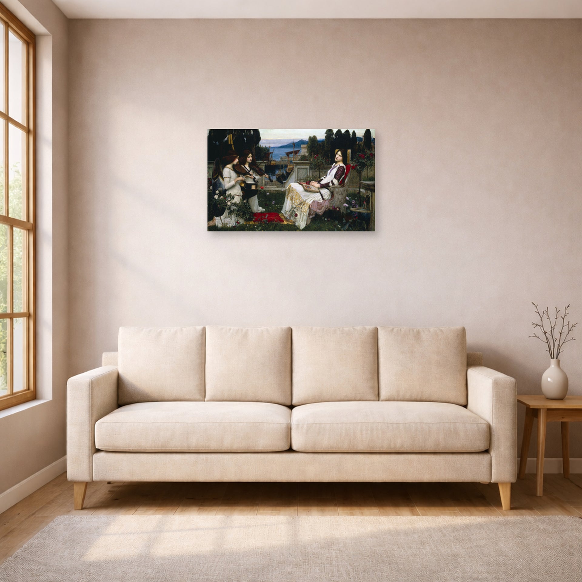 Unframed poster print of John William Waterhouse's Saint Cecilia displayed on a wall in a living room