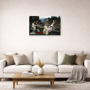 Unframed poster print of John William Waterhouse's Saint Cecilia displayed on a wall in a living room