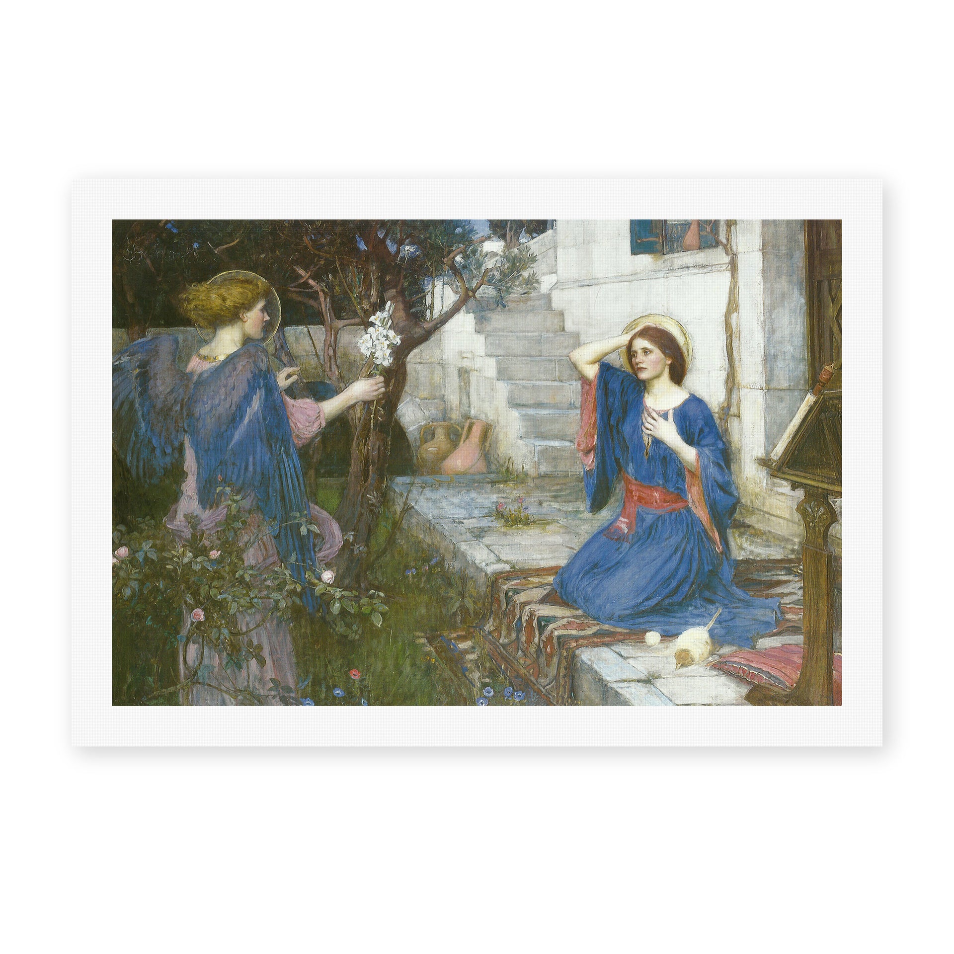 John William Waterhouse's 'The Annunciation' painting reproduced as a rolled canvas print