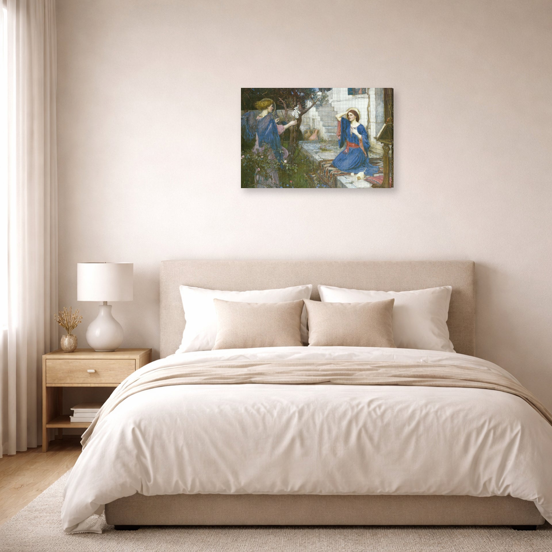 Gallery-wrapped canvas print of John William Waterhouse's The Annunciation displayed on a wall in a bedroom