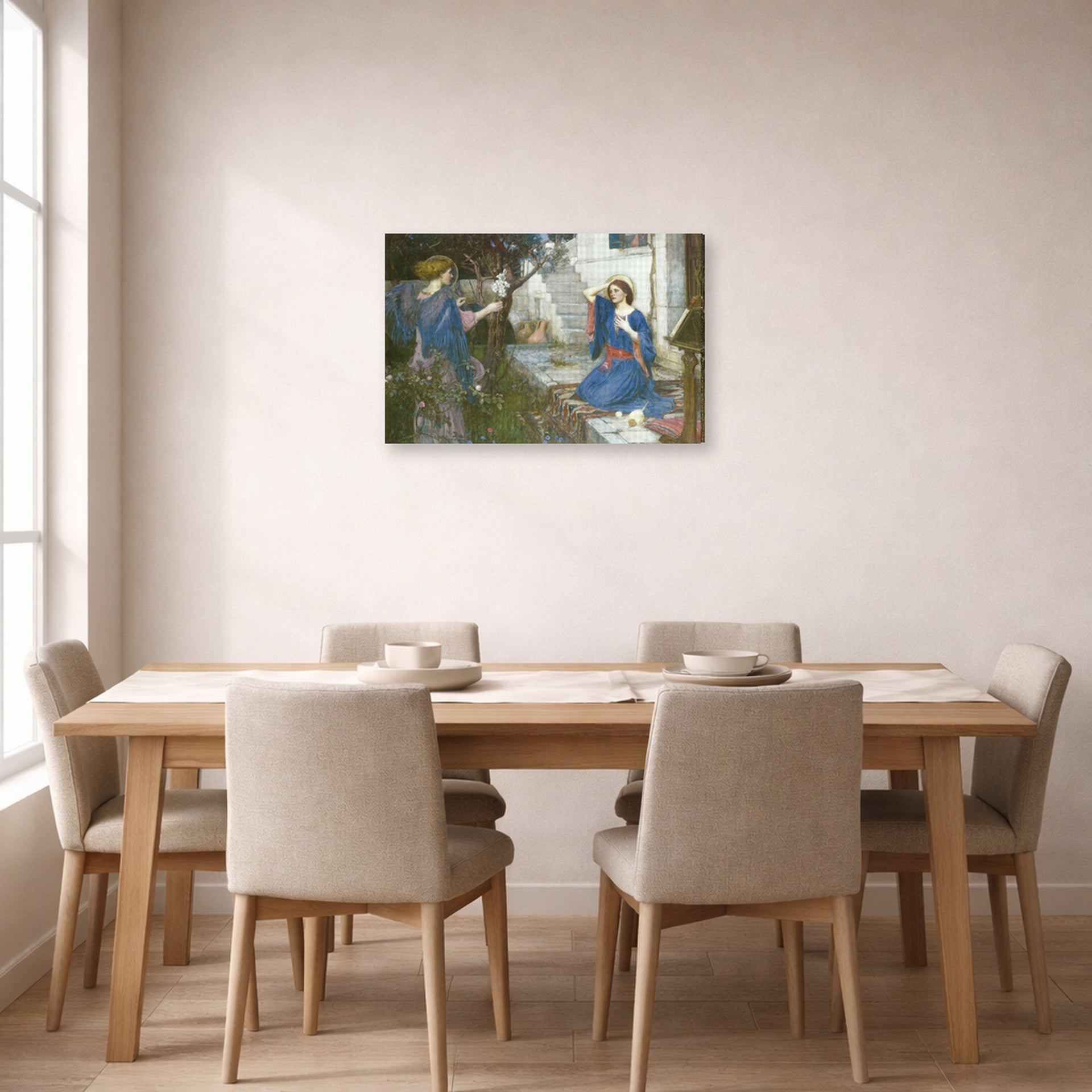 Gallery-wrapped canvas print of John William Waterhouse's The Annunciation displayed on a wall in a dining room