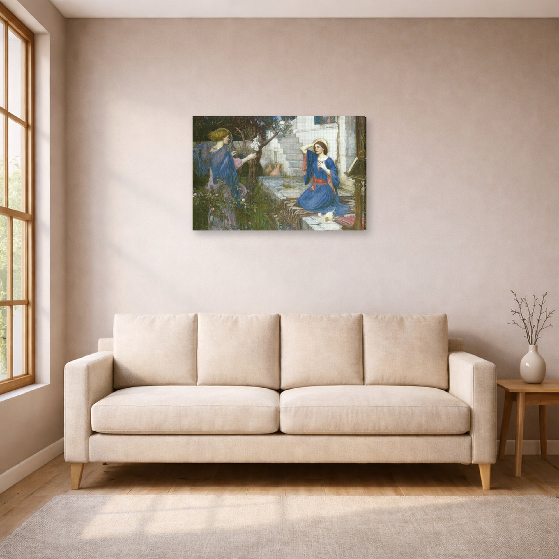 Gallery-wrapped canvas print of John William Waterhouse's The Annunciation displayed on a wall in a living room