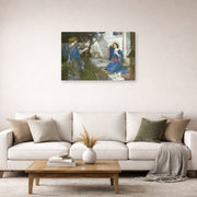 Gallery-wrapped canvas print of John William Waterhouse's The Annunciation displayed on a wall in a living room
