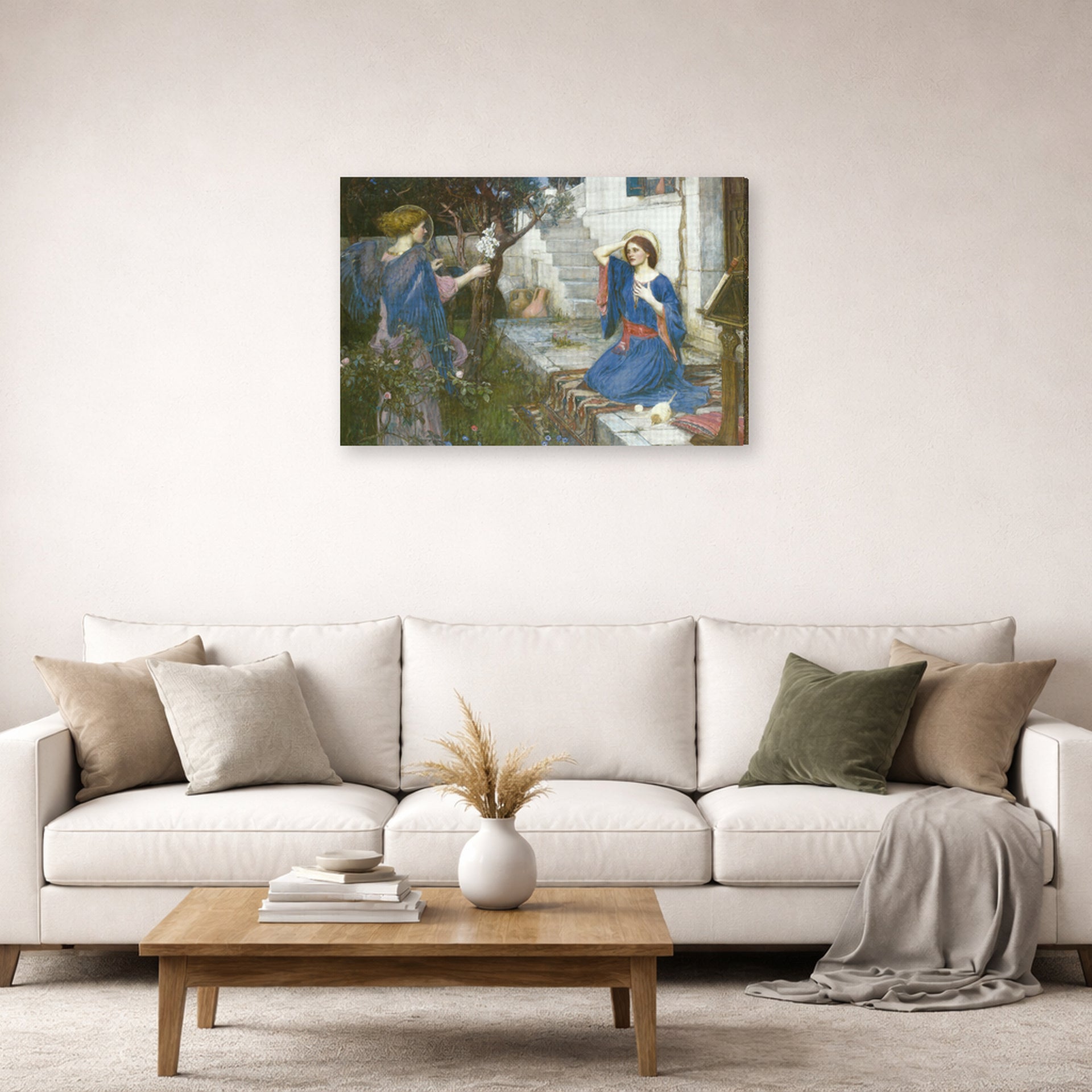 Gallery-wrapped canvas print of John William Waterhouse's The Annunciation displayed on a wall in a living room