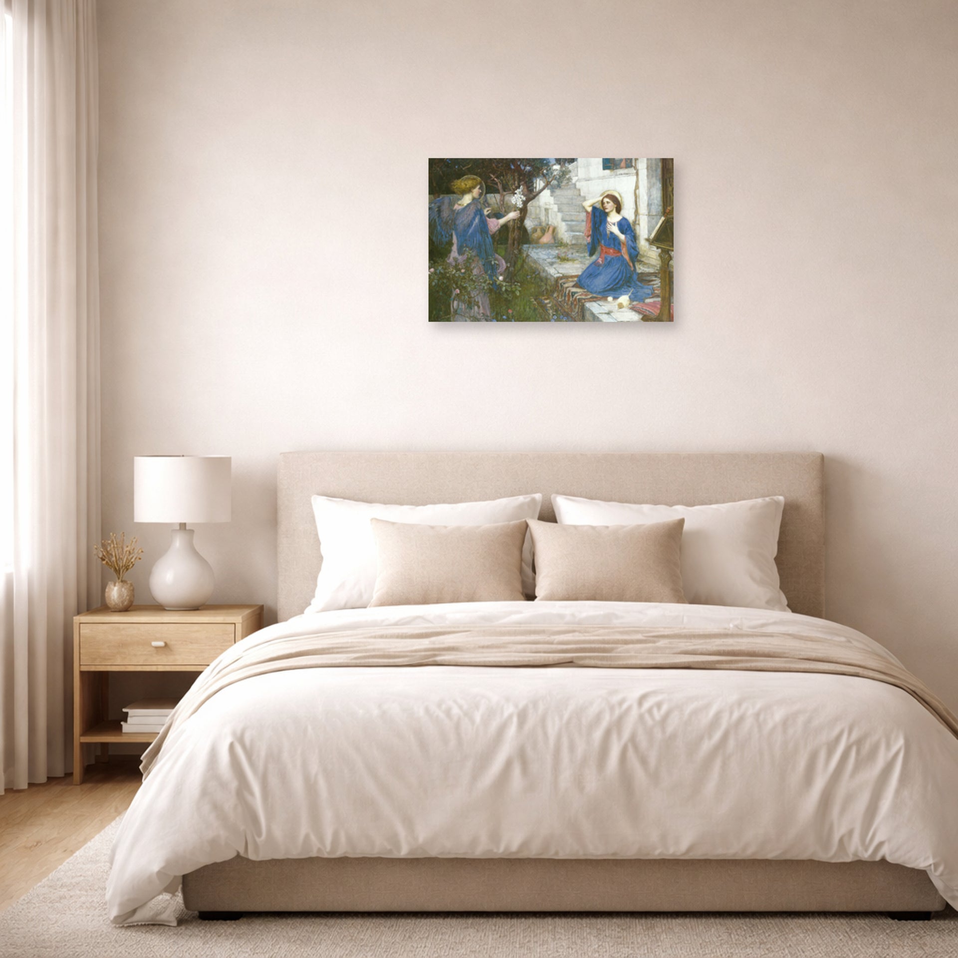 Unframed poster print of John William Waterhouse's The Annunciation displayed on a wall in a bedroom