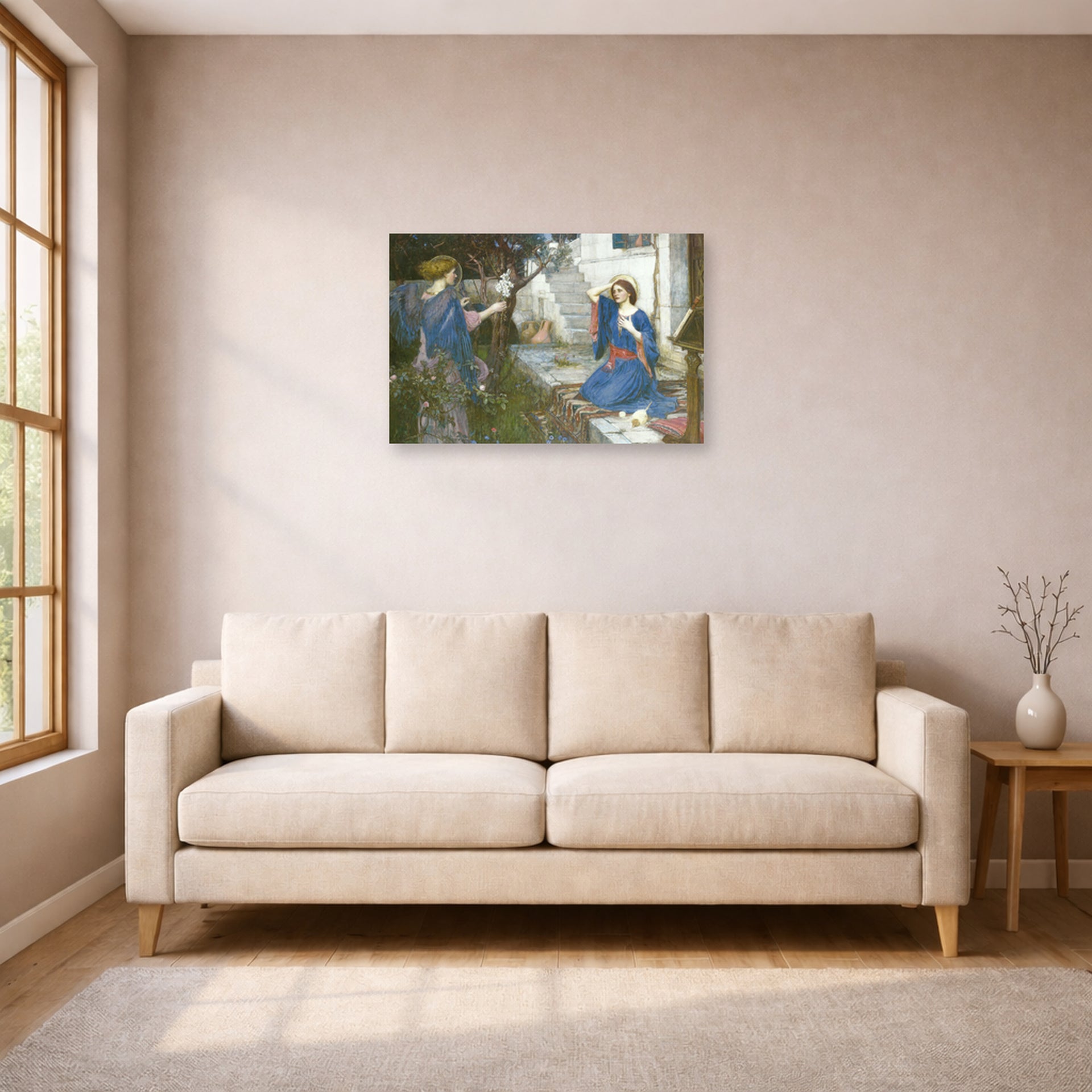 Unframed poster print of John William Waterhouse's The Annunciation displayed on a wall in a living room
