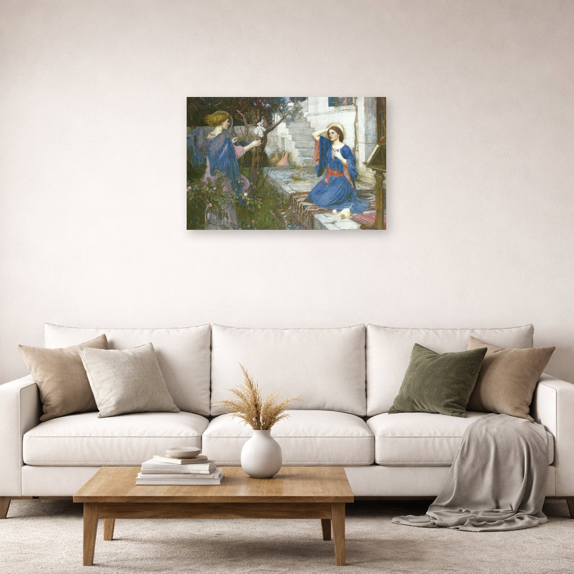 Unframed poster print of John William Waterhouse's The Annunciation displayed on a wall in a living room