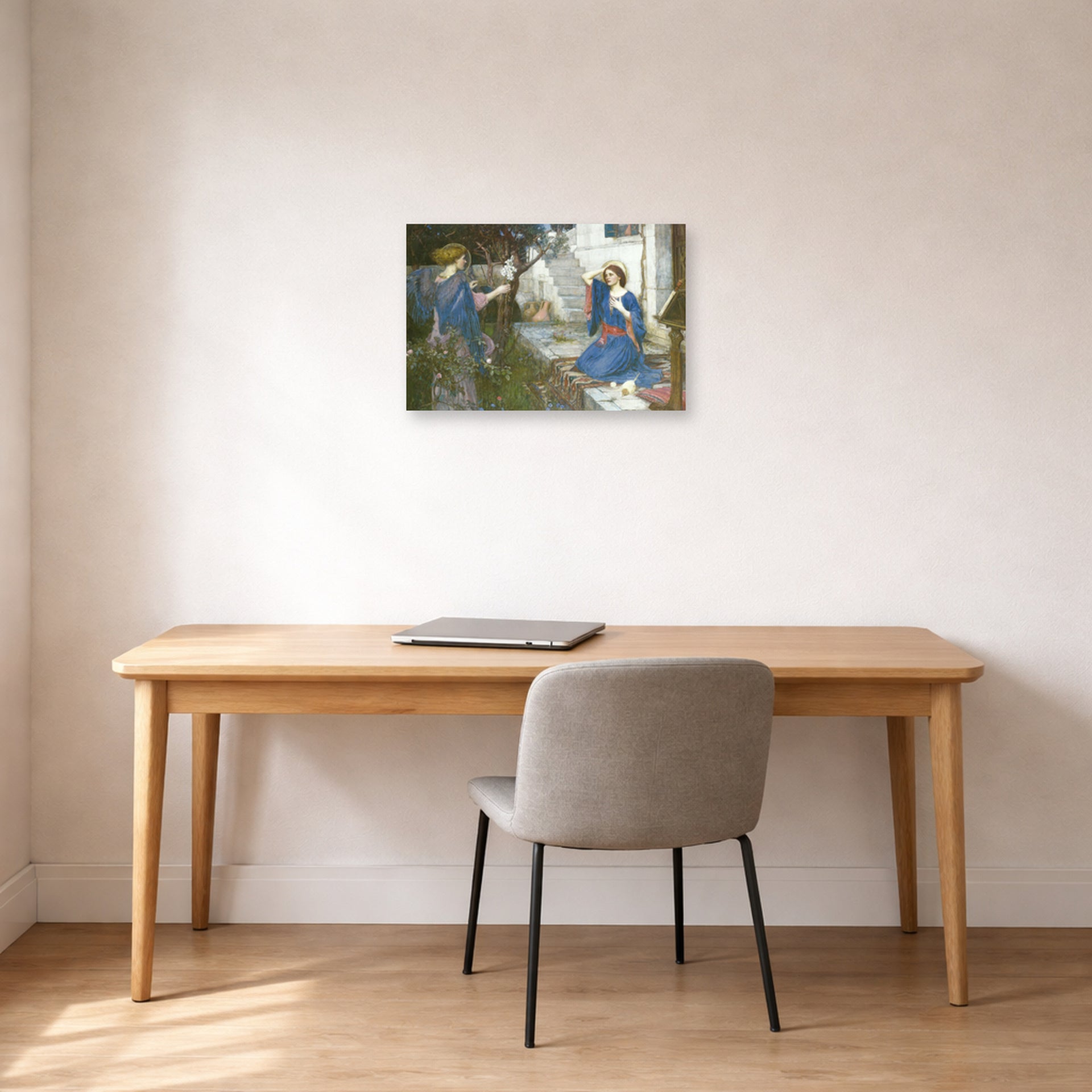 Unframed poster print of John William Waterhouse's The Annunciation displayed on a wall in a office