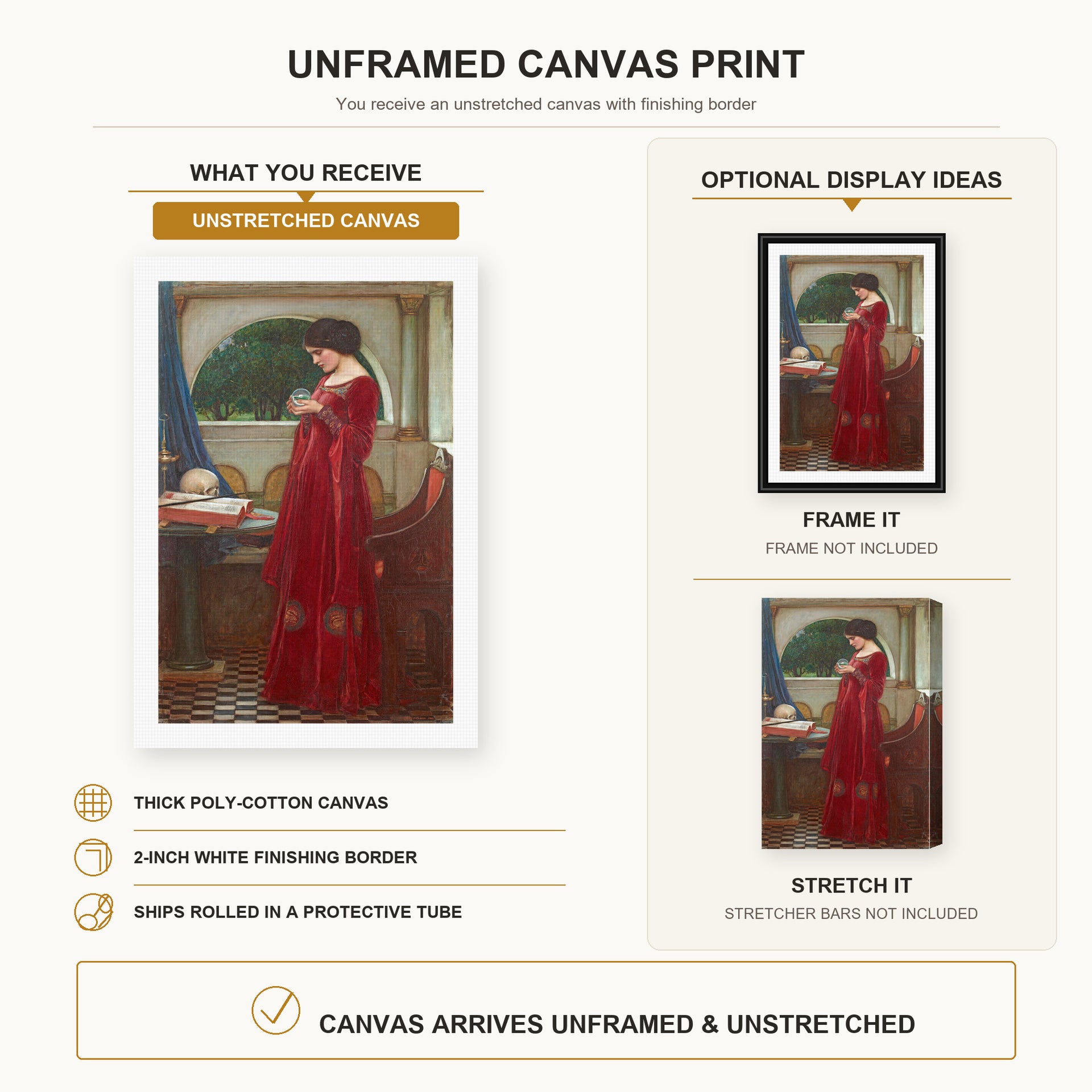 John William Waterhouse - The Crystal Ball canvas print size comparison and framing display infographic