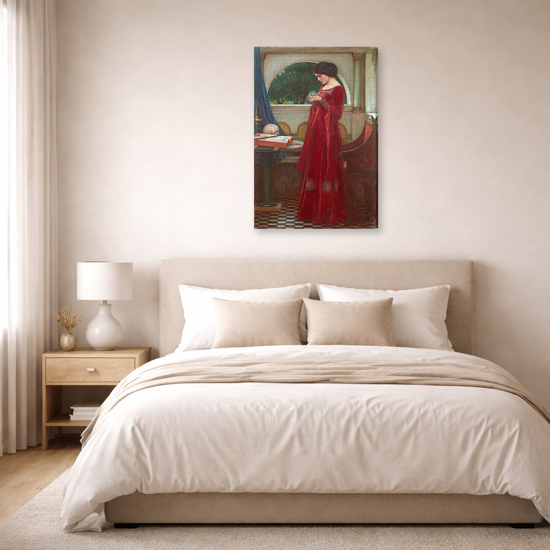 Gallery-wrapped canvas print of John William Waterhouse's The Crystal Ball displayed on a wall in a bedroom