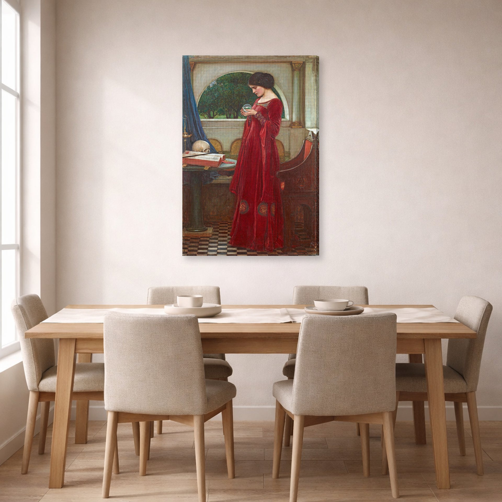 Gallery-wrapped canvas print of John William Waterhouse's The Crystal Ball displayed on a wall in a dining room