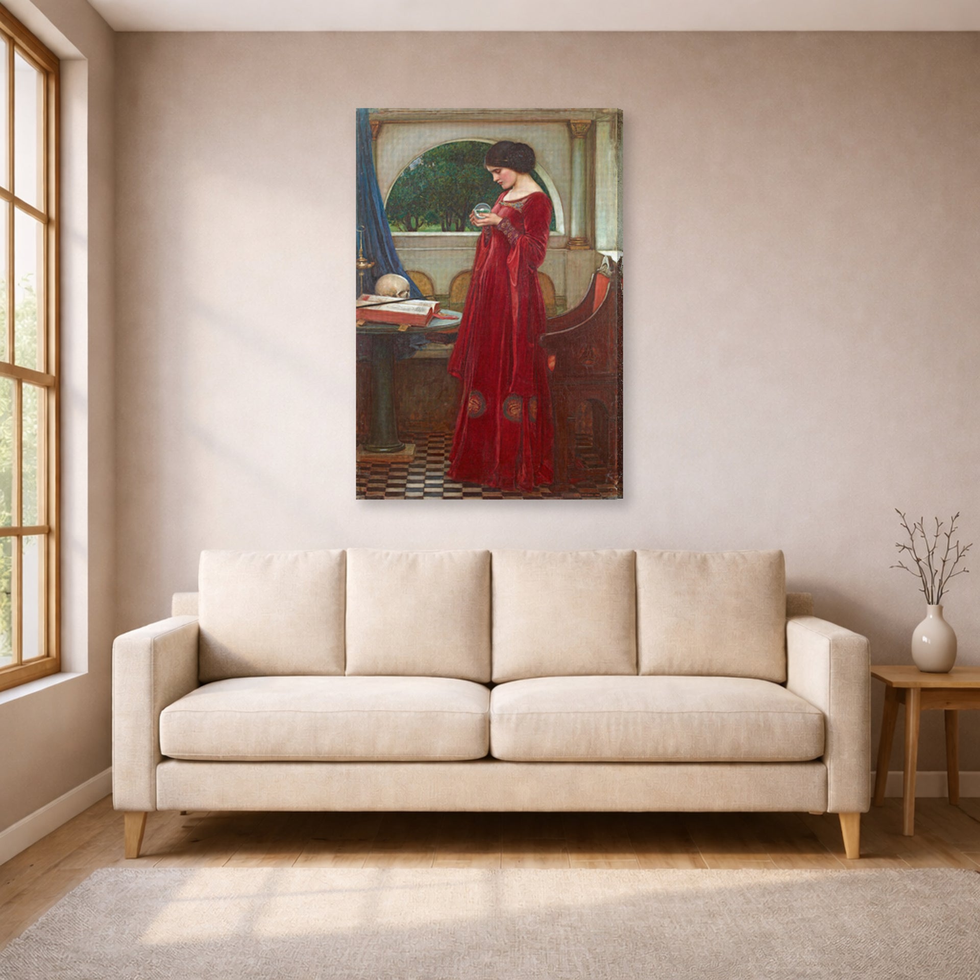 Gallery-wrapped canvas print of John William Waterhouse's The Crystal Ball displayed on a wall in a living room