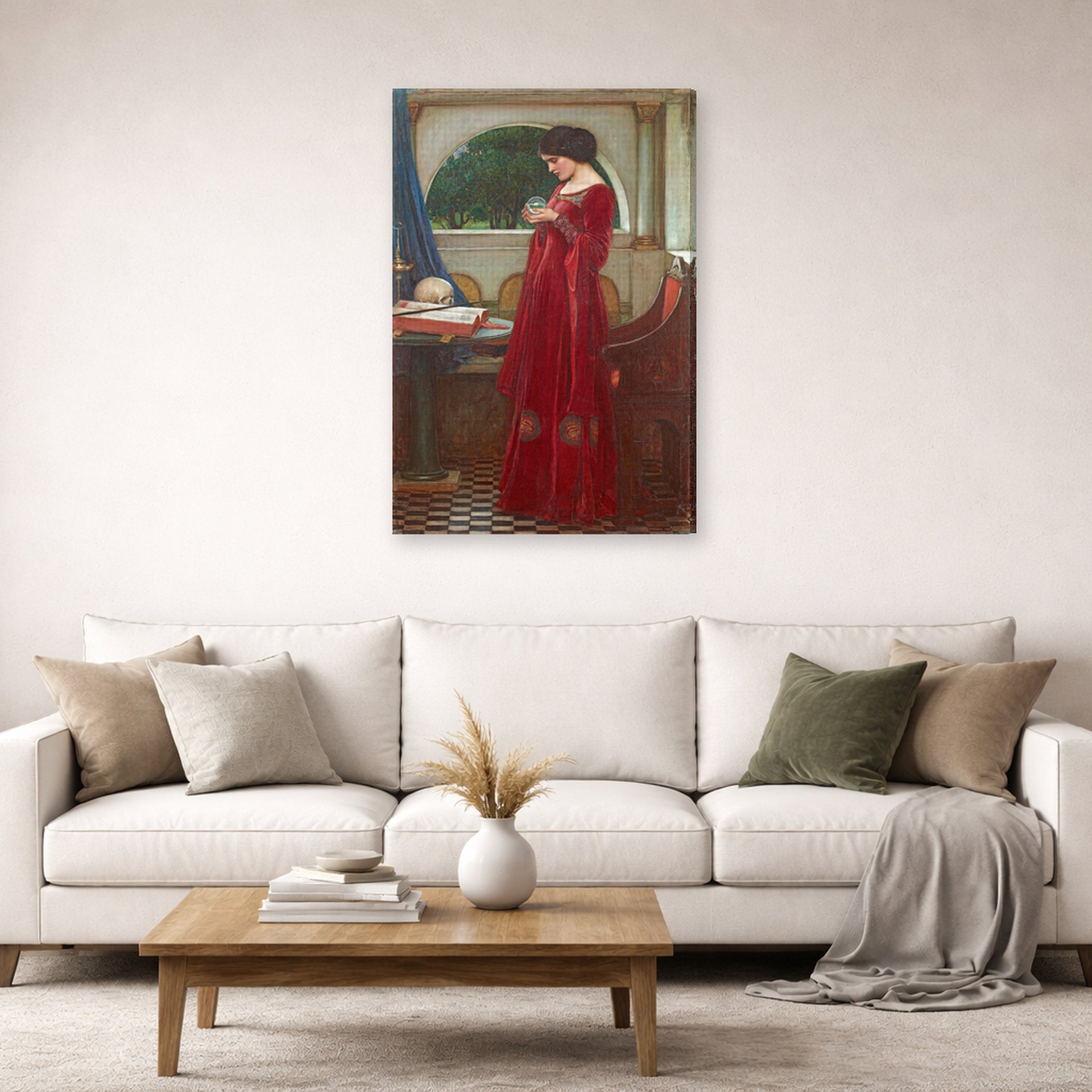 Gallery-wrapped canvas print of John William Waterhouse's The Crystal Ball displayed on a wall in a living room