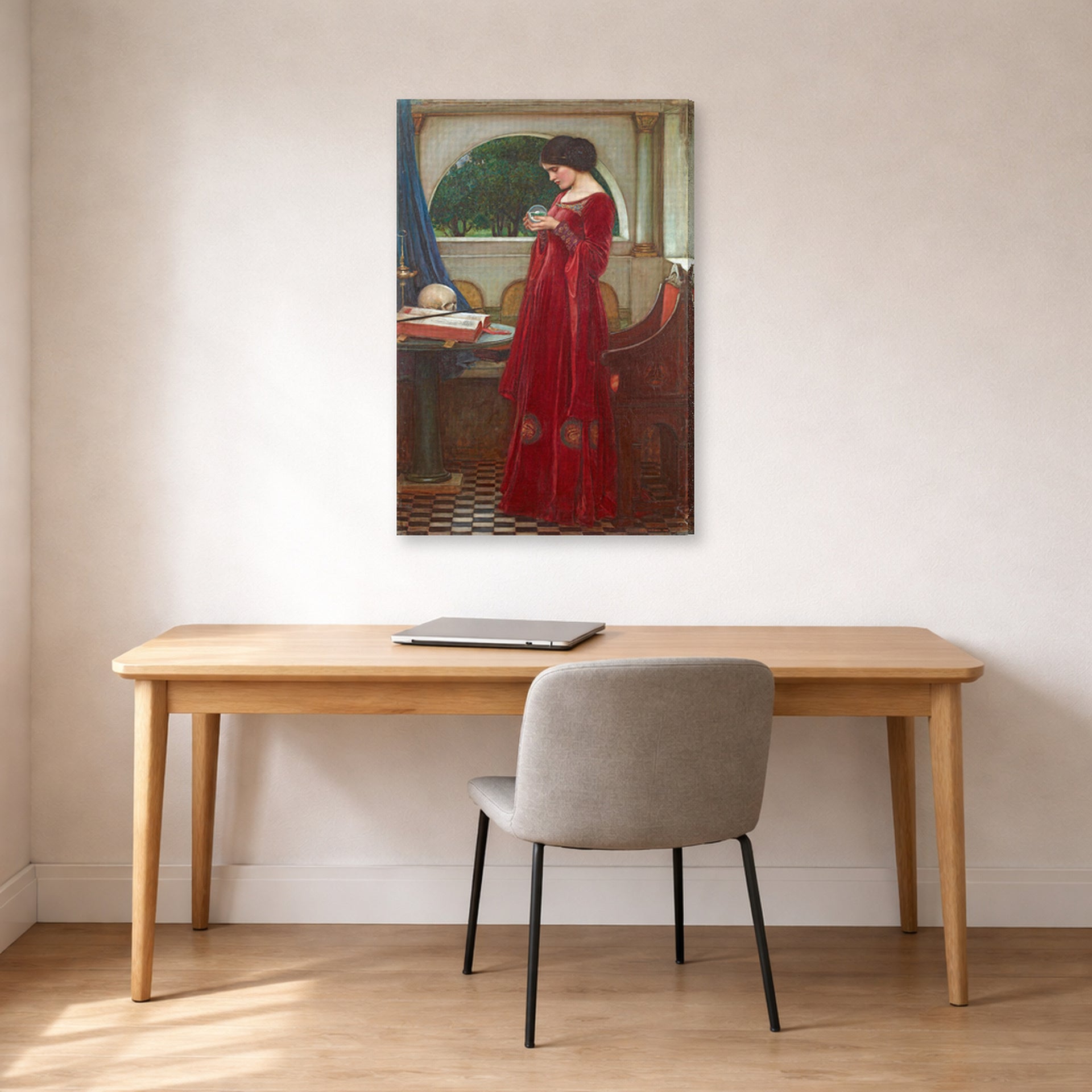 Gallery-wrapped canvas print of John William Waterhouse's The Crystal Ball displayed on a wall in a office