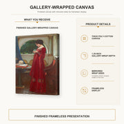 John William Waterhouse - The Crystal Ball gallery wrap canvas construction and hanging details infographic