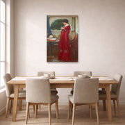 Unframed poster print of John William Waterhouse's The Crystal Ball displayed on a wall in a dining room