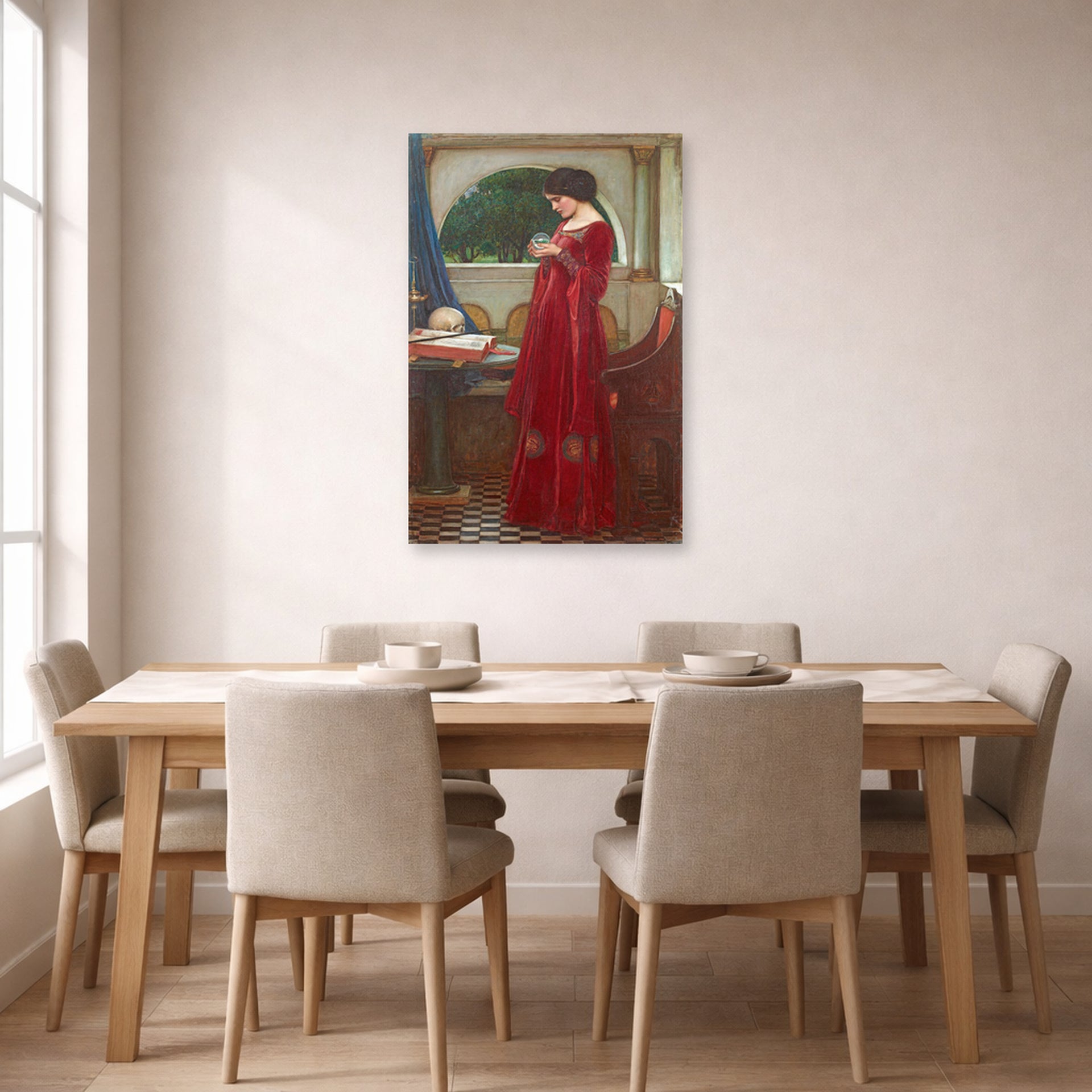 Unframed poster print of John William Waterhouse's The Crystal Ball displayed on a wall in a dining room