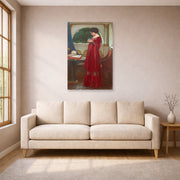 Unframed poster print of John William Waterhouse's The Crystal Ball displayed on a wall in a living room