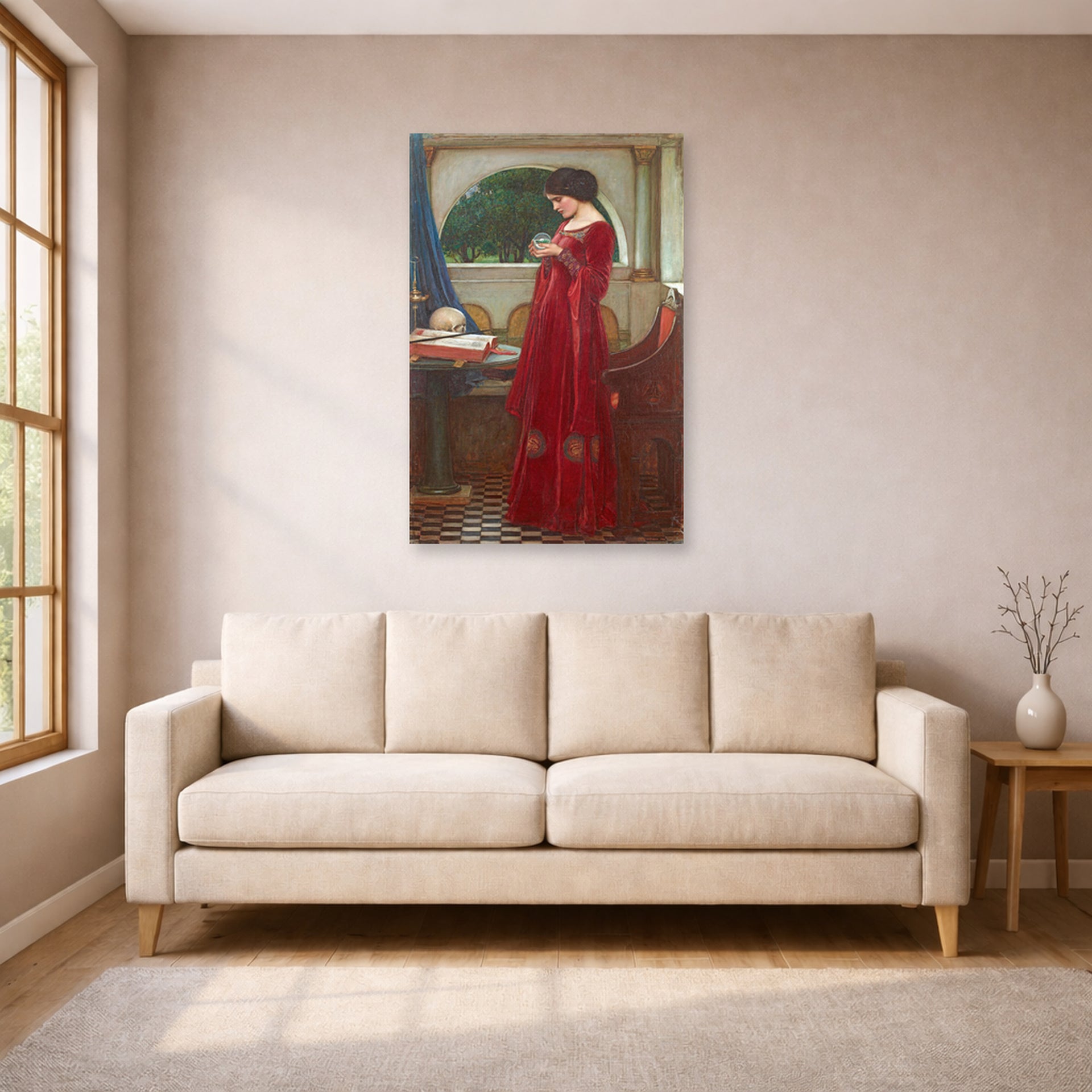 Unframed poster print of John William Waterhouse's The Crystal Ball displayed on a wall in a living room