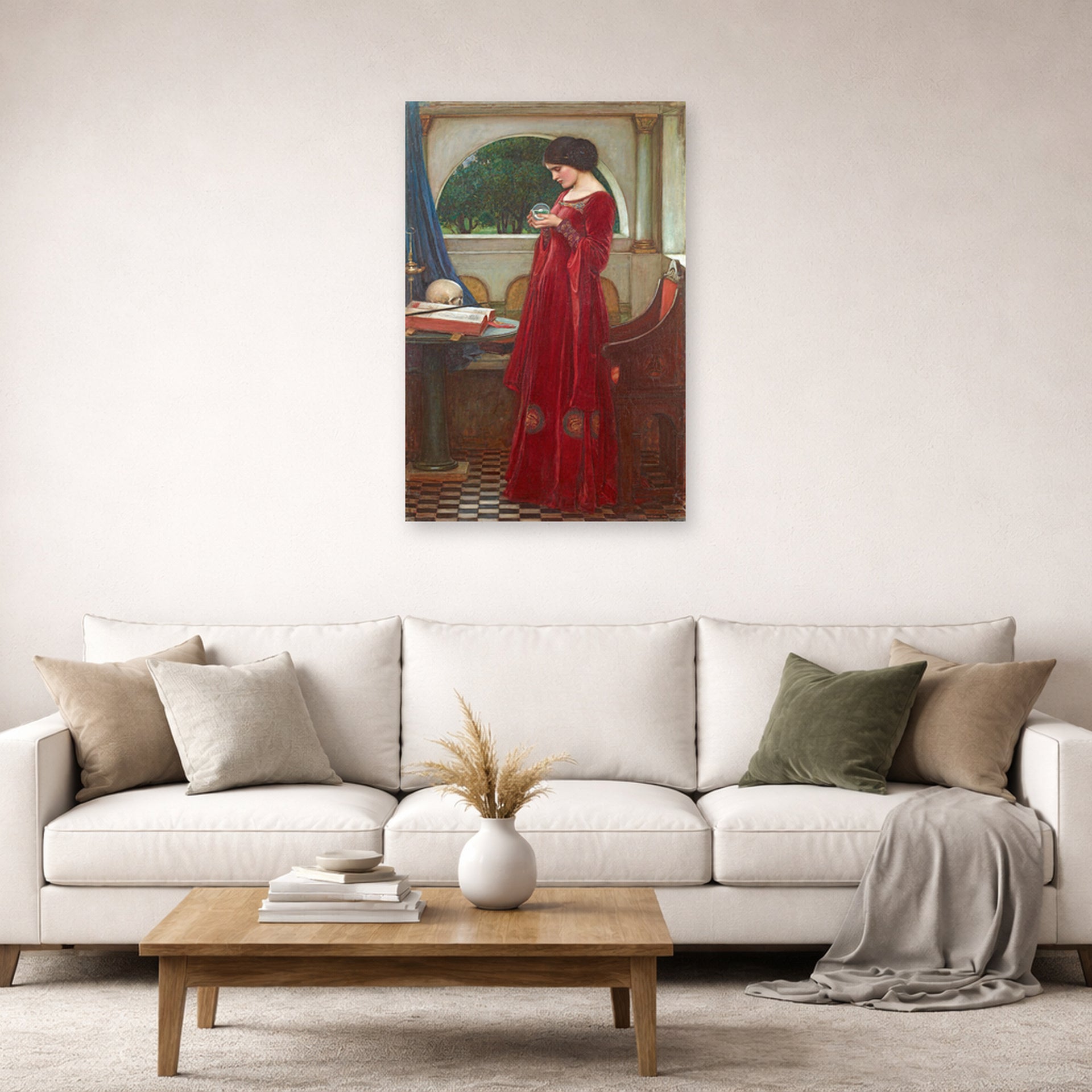 Unframed poster print of John William Waterhouse's The Crystal Ball displayed on a wall in a living room