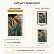 John William Waterhouse - The Soul of the Rose canvas print size comparison and framing display infographic