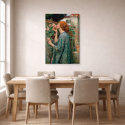 Gallery-wrapped canvas print of John William Waterhouse's The Soul of the Rose displayed on a wall in a dining room