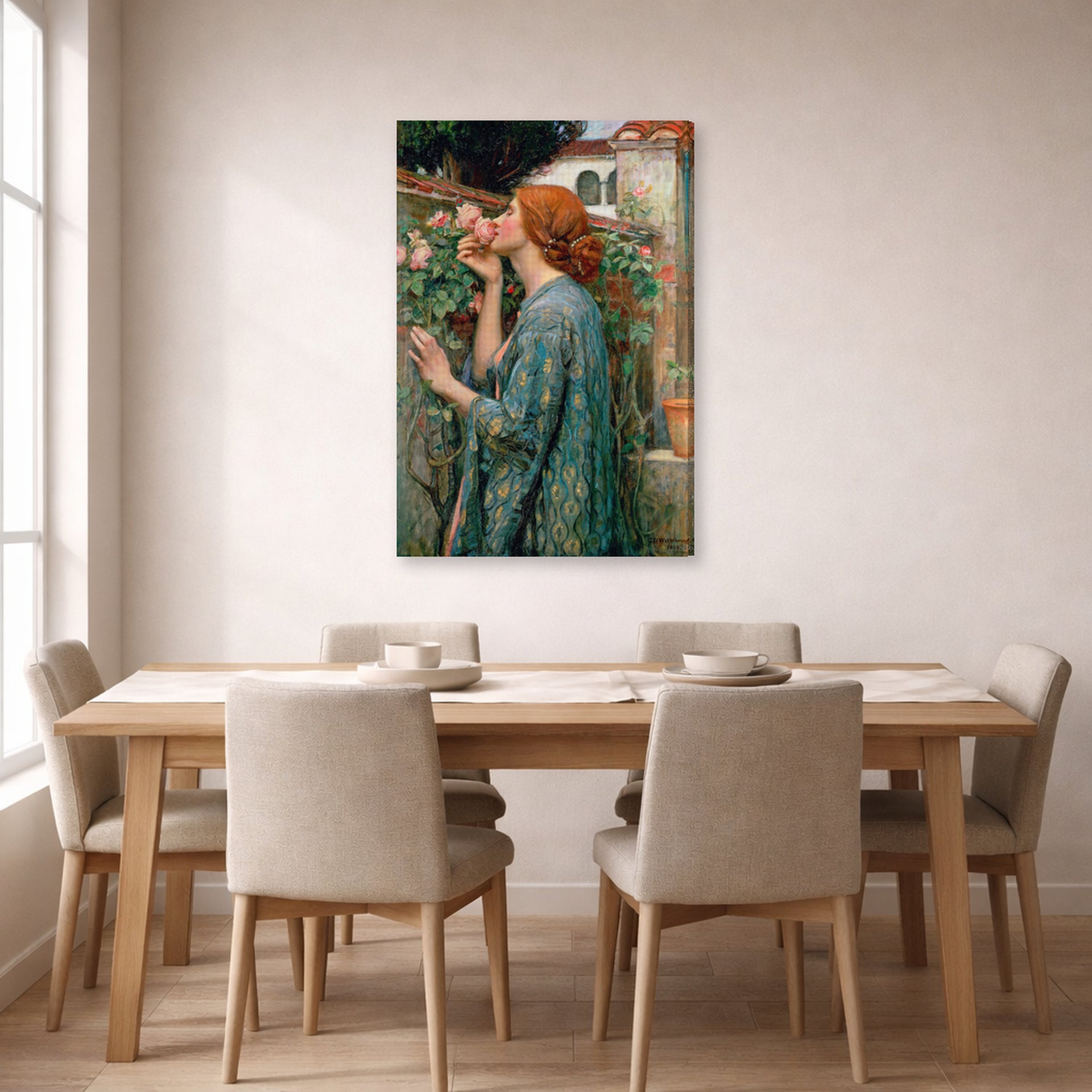 Gallery-wrapped canvas print of John William Waterhouse's The Soul of the Rose displayed on a wall in a dining room