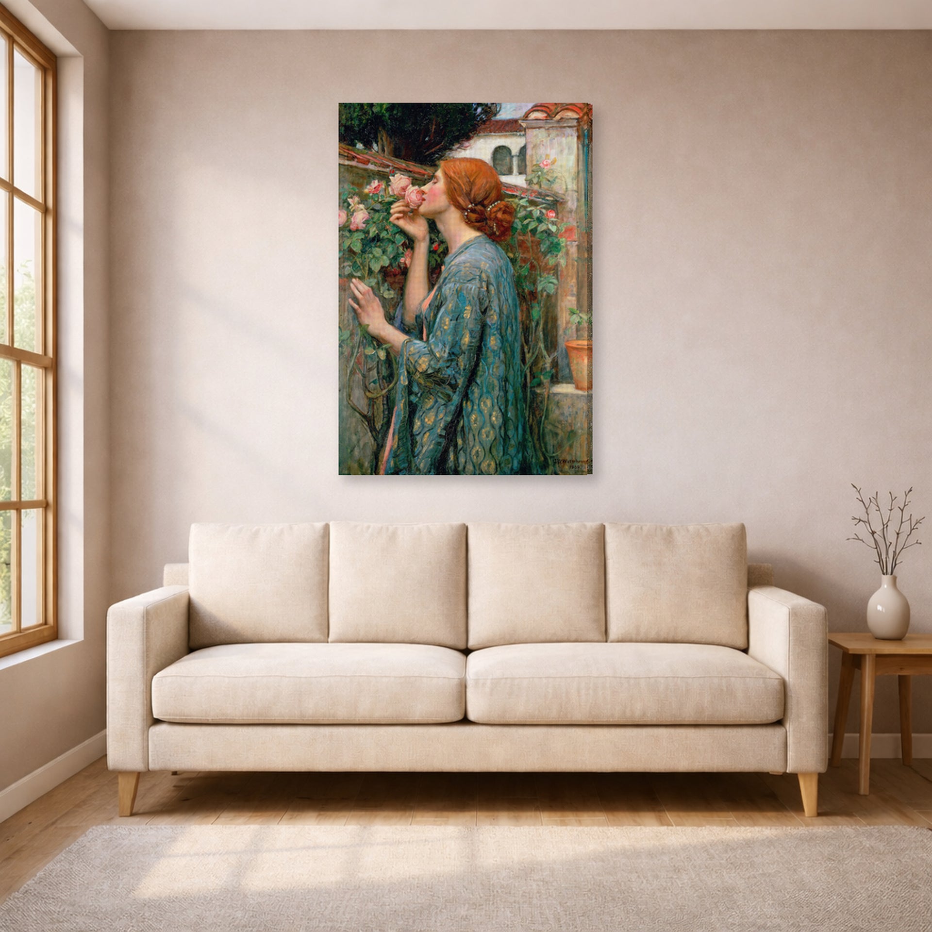Gallery-wrapped canvas print of John William Waterhouse's The Soul of the Rose displayed on a wall in a living room