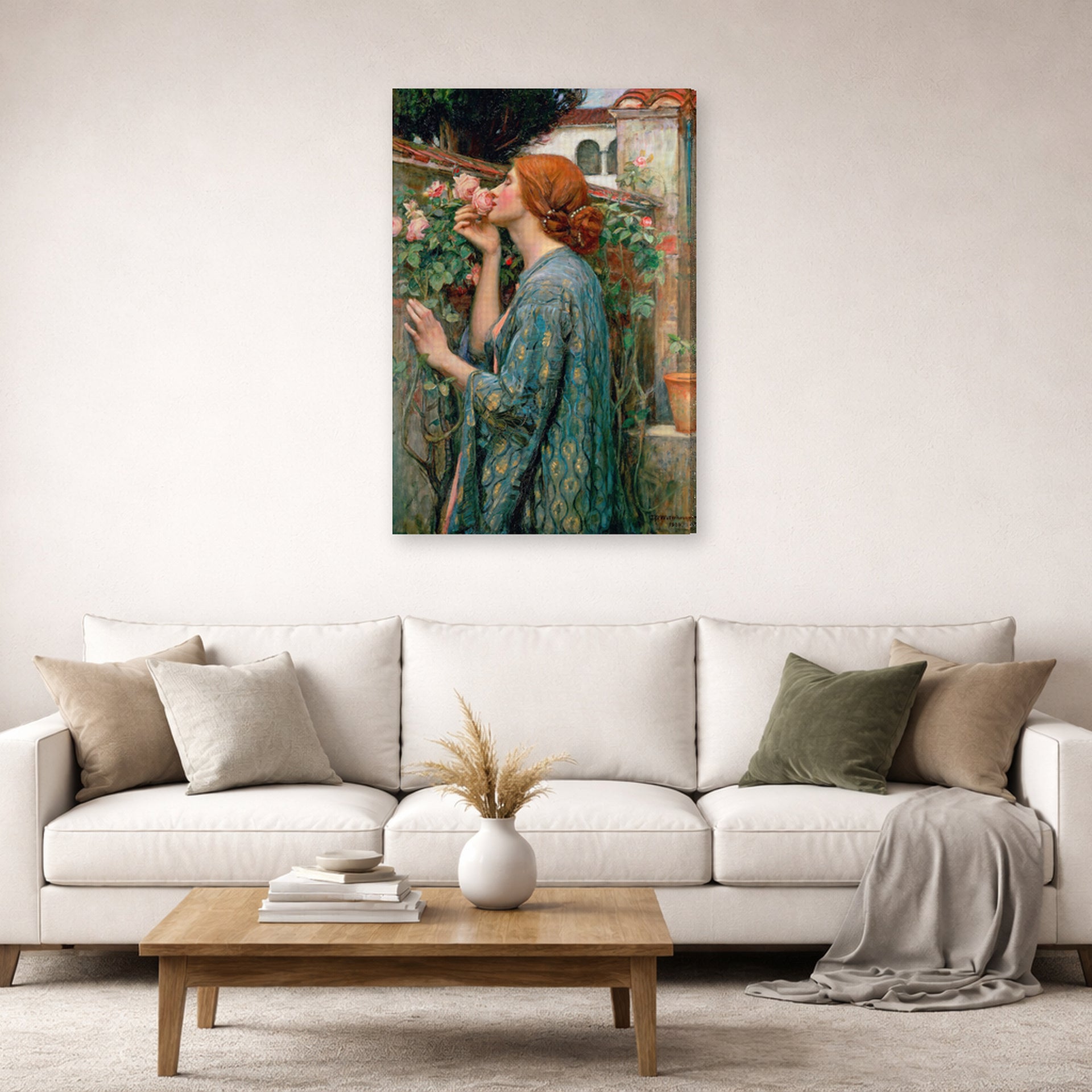 Gallery-wrapped canvas print of John William Waterhouse's The Soul of the Rose displayed on a wall in a living room