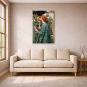 Unframed poster print of John William Waterhouse's The Soul of the Rose displayed on a wall in a living room