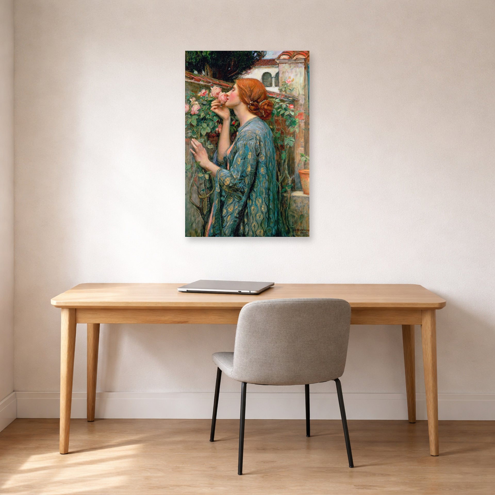 Unframed poster print of John William Waterhouse's The Soul of the Rose displayed on a wall in a office