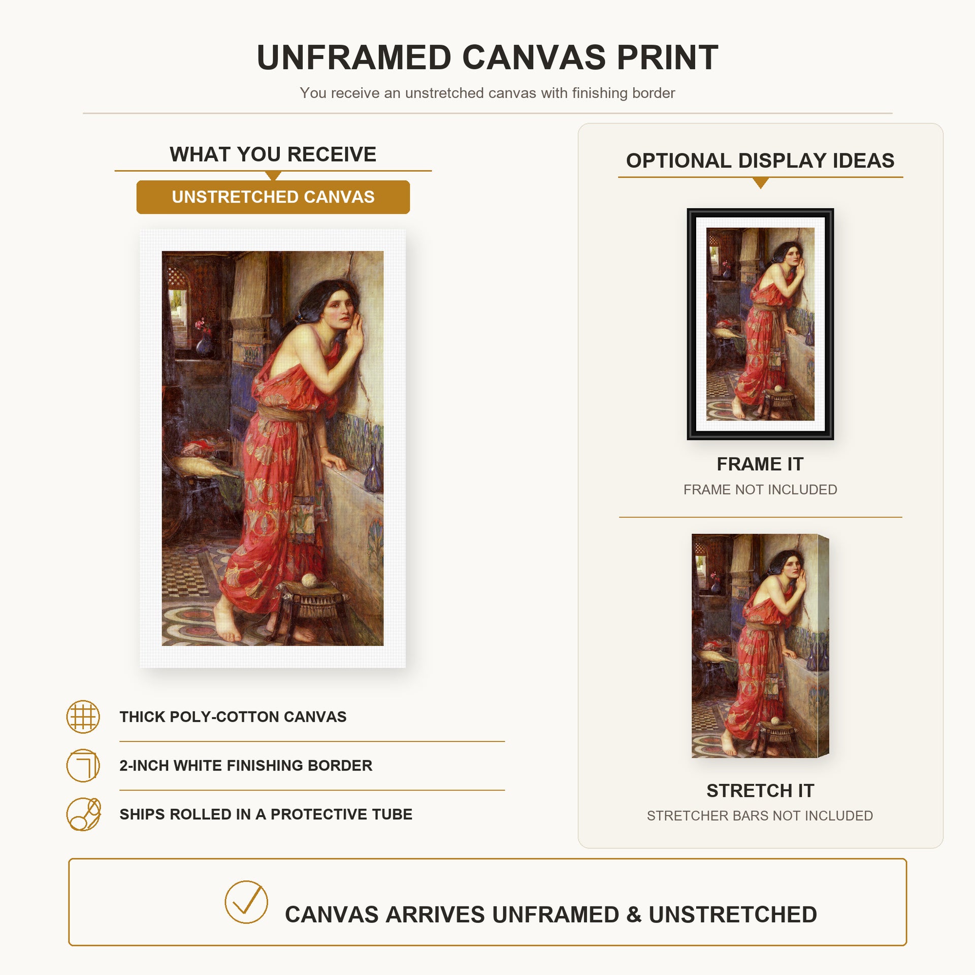 John William Waterhouse - Thisbe canvas print size comparison and framing display infographic