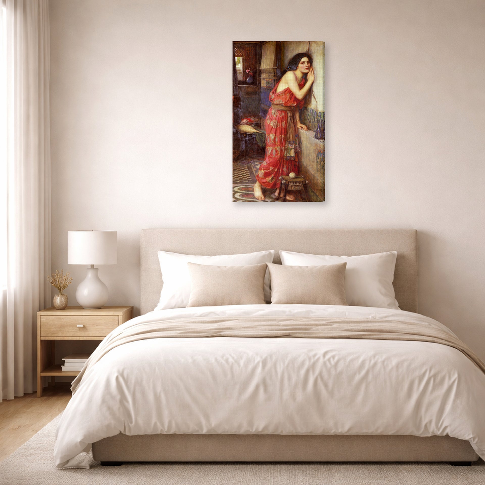 Gallery-wrapped canvas print of John William Waterhouse's Thisbe displayed on a wall in a bedroom