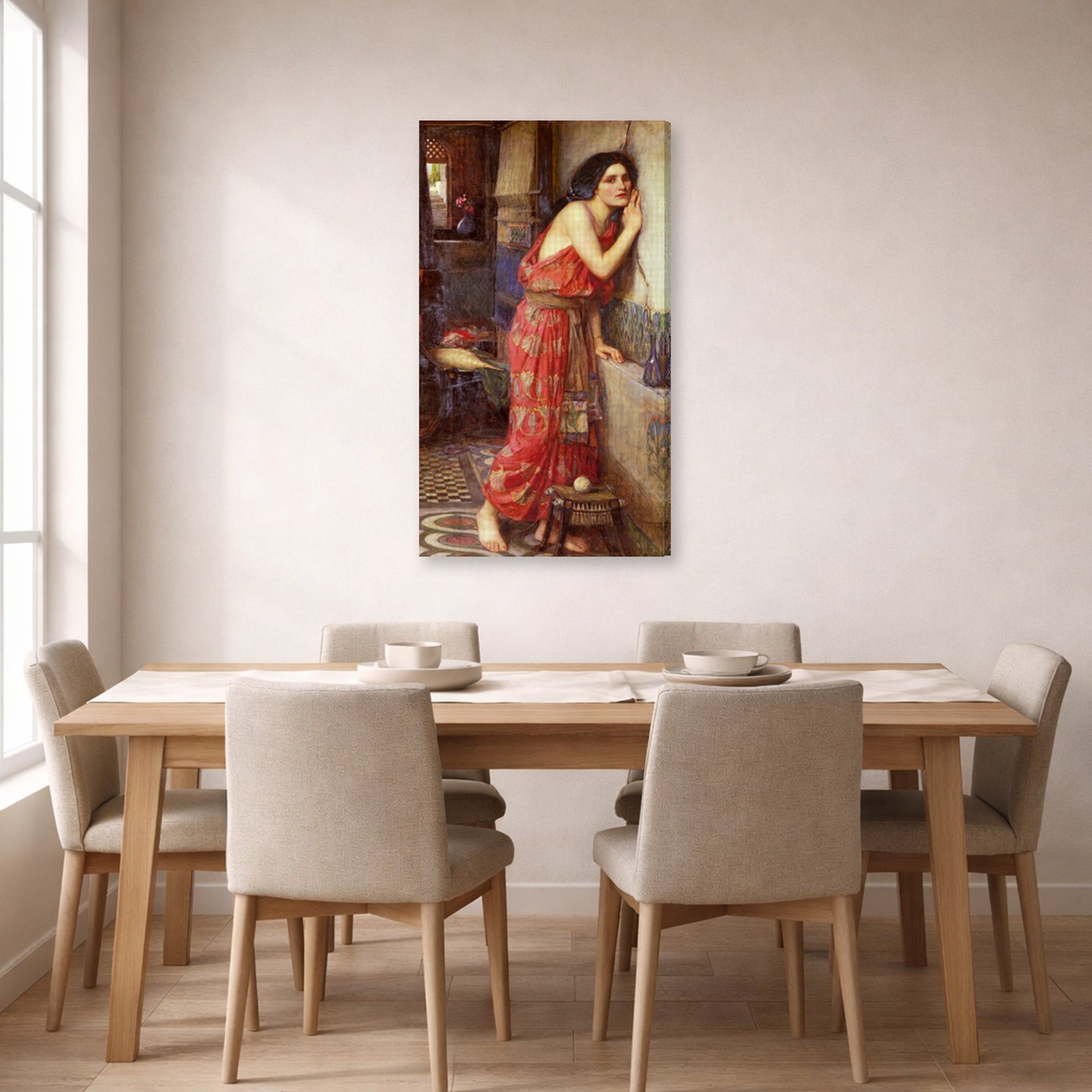 Gallery-wrapped canvas print of John William Waterhouse's Thisbe displayed on a wall in a dining room