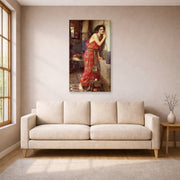 Gallery-wrapped canvas print of John William Waterhouse's Thisbe displayed on a wall in a living room