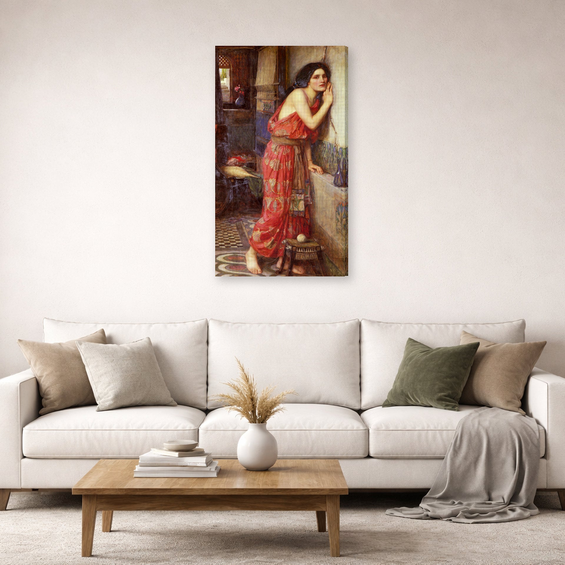 Gallery-wrapped canvas print of John William Waterhouse's Thisbe displayed on a wall in a living room