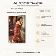 John William Waterhouse - Thisbe gallery wrap canvas construction and hanging details infographic