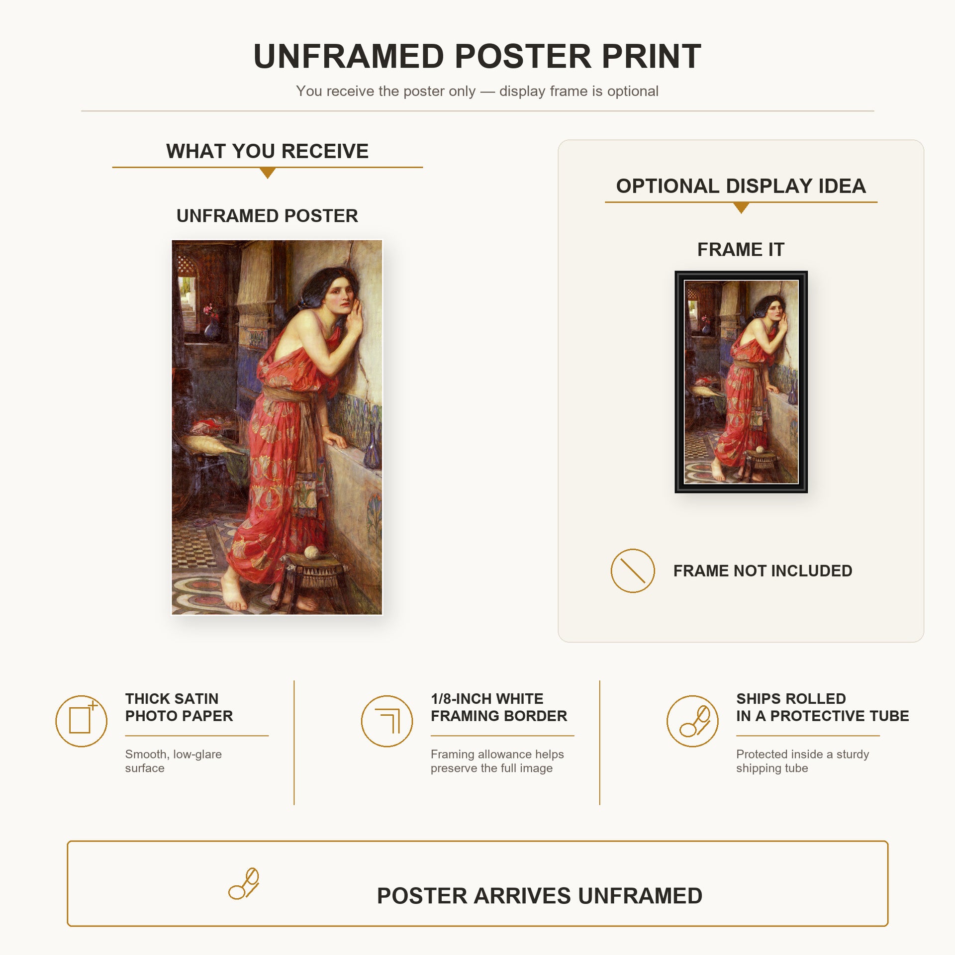 John William Waterhouse - Thisbe poster print size comparison and framing display infographic