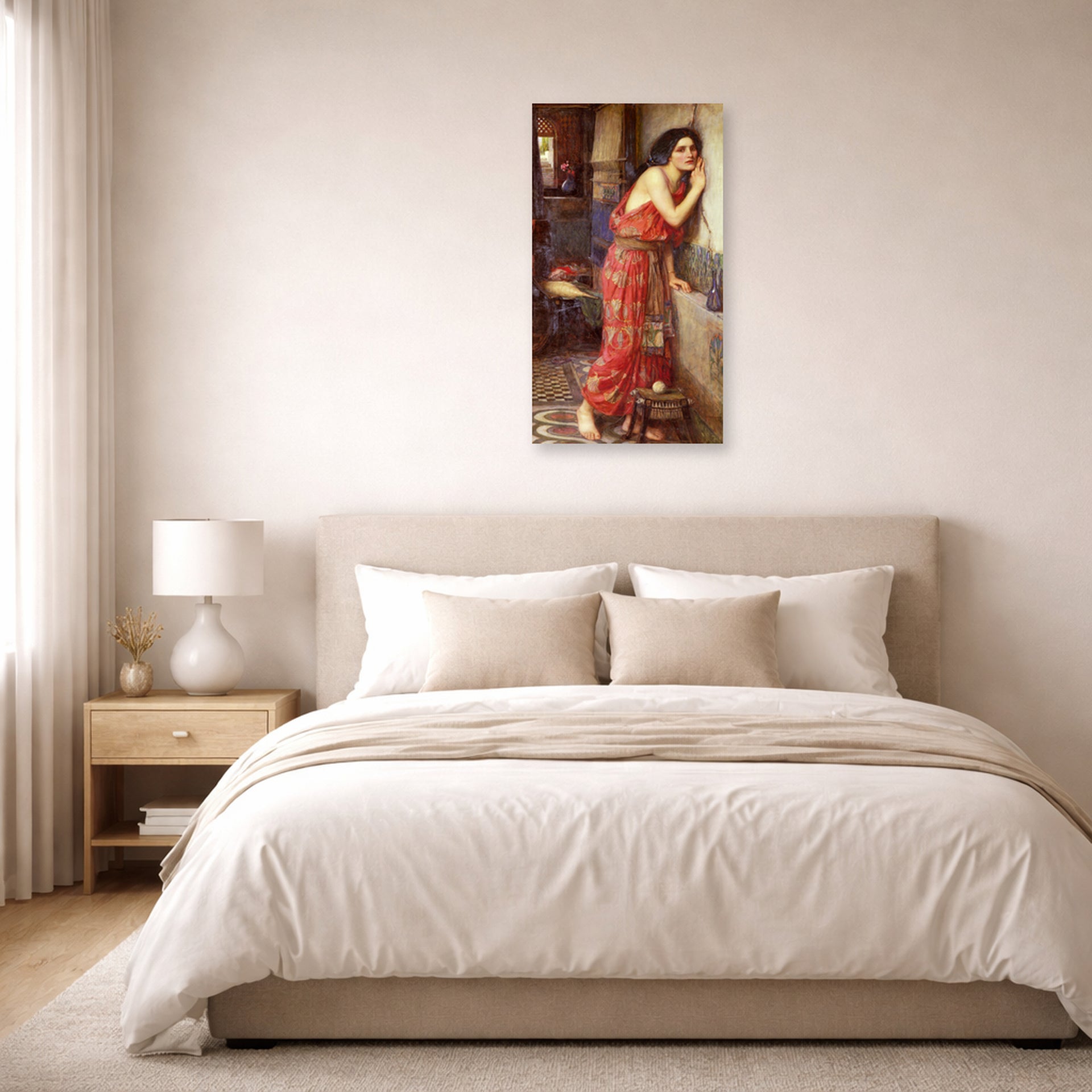 Unframed poster print of John William Waterhouse's Thisbe displayed on a wall in a bedroom