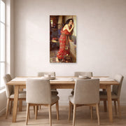 Unframed poster print of John William Waterhouse's Thisbe displayed on a wall in a dining room
