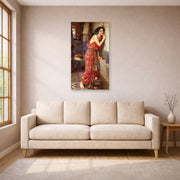 Unframed poster print of John William Waterhouse's Thisbe displayed on a wall in a living room